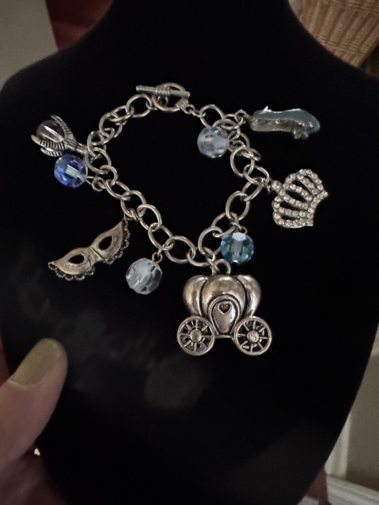 Jewelry - Silver-Tone Cinderella Themed Charm Bracelet with Blue Crystal Beads